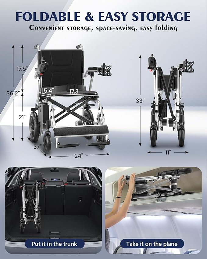 Ultralight 36lbs Foldable Electric Wheelchair for Adults - KERDOM Aluminum Frame Electric Wheelchair, 300lbs Capacity & Detachable Lithium Battery, 360W Motor Wheelchair, All-Terrain PU Wheels