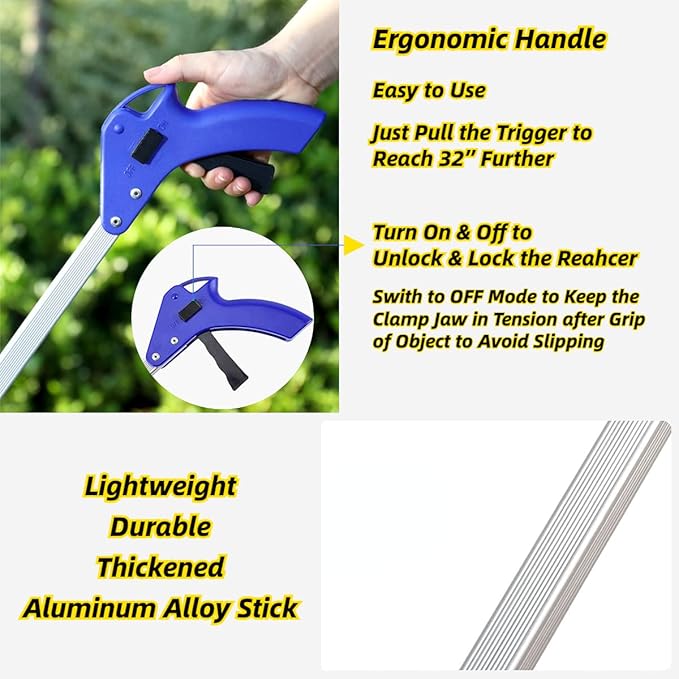 2 Pack Foldable Reacher Grabber Tool 32 Inch Lightweight Extra Long Handy Trash Claw Grabber, Anti-Slip Reaching Tool Assist Litter Pick Up Stick, Nabber, Arm Extension for Elderly Disabled Heavy Duty
