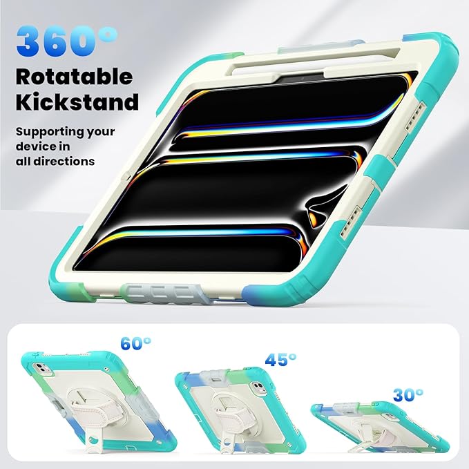 Dteck for iPad Pro 11 inch (M4/M5) 2024/2025 Shockproof Case with Screen Protector/Stylus Pencil Holder/Rotating Kickstand/Grip Hand Strap, Heavy Duty Protective Rugged Tablet Cover, Colorful Mint
