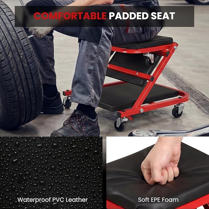 Goplus 2-in-1 Z-Shaped Rolling Garage Stool, 36" Folding Flat Automotive Creeper with Padded Seat & 6 Swivel Casters, Convertible Mechanic Stool for Auto Workshop & Repair
