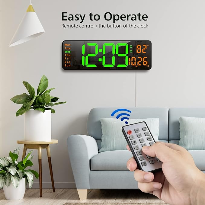 Zgrmbo 16" Digital Wall Clock with Remote Control, Large Digital Clock with Date, Week, Temperature, Alarm, Timer, Electric Wall Clock for Living Room, Bedroom, Decor, Gift for Elderly