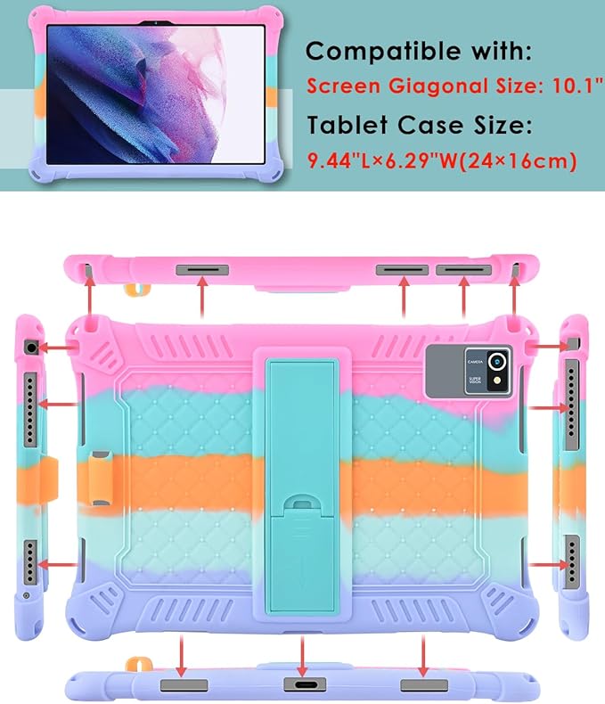 DETUOSI Silicone Case for Okaysea 10.1 inch Tablet with Stylus Pen & Shoulder Strap, Multi-Angle Stand Case, Soft Lightweight Protcetive Cover for QunyiCO 10.1, Moderness MB1001 10.1, Dazzling Pink