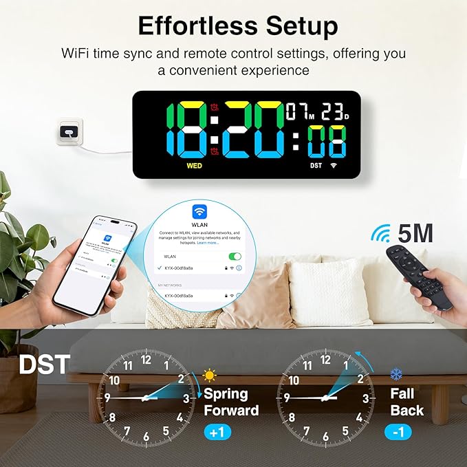 XREXS 12.2 Inch Digital Wall Clock WiFi Sync with Remote Control, Large LED Screen with Time/Calendar/Seconds Display, Count Up & Down Timer, 2 Alarm Clock for Home, Office and Classroom