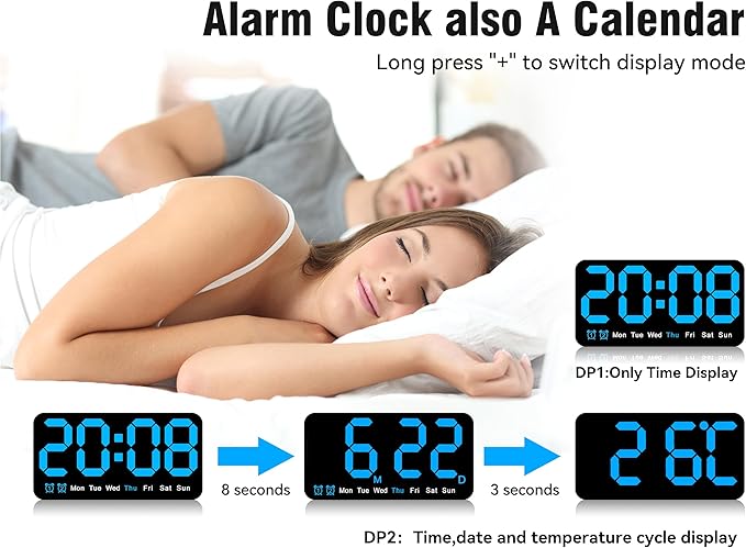 9.5 Inch Large Digital Wall Clock with LED Display, Auto DST, Dual Alarm with Snooze, Adjustable Brightness, Temperature & Date Display, Wall Mount or Desk Clock for Bedroom, Living Room, Office,-Blue