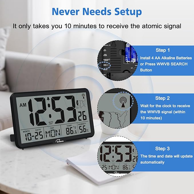 WallarGe Atomic Wall Clock with Backlight, Digital Wall Clock Battery Operated for Classroom, Bedroom, Office, Large Display with Indoor Temperature, Humidity, Date, AUTO DST, 6 Time Zones