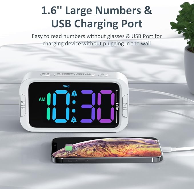 Odokee Dual Colorful Alarm Clock for Kids Bedroom - 0-100% Dimmer, 5 Alarm Sounds, USB Charger, Easy to Set, Weekday/Weekend Mode, Snooze, 12/24Hr, Battery Backup, Digital Clock for Teens Boys Bedside