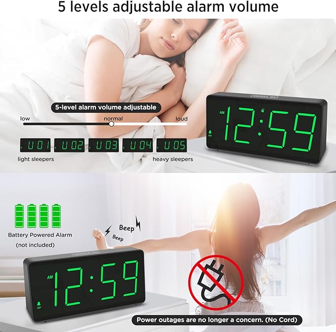 Peakeep Battery Operated Digital Alarm Clock for Bedrooms - Cordless Large Big Numbers 4 Dimmers, Auto Dimming for Seniors, Adjustable Volume Loud Alarm Clock for Heavy Sleepers Adults (Green Digits)