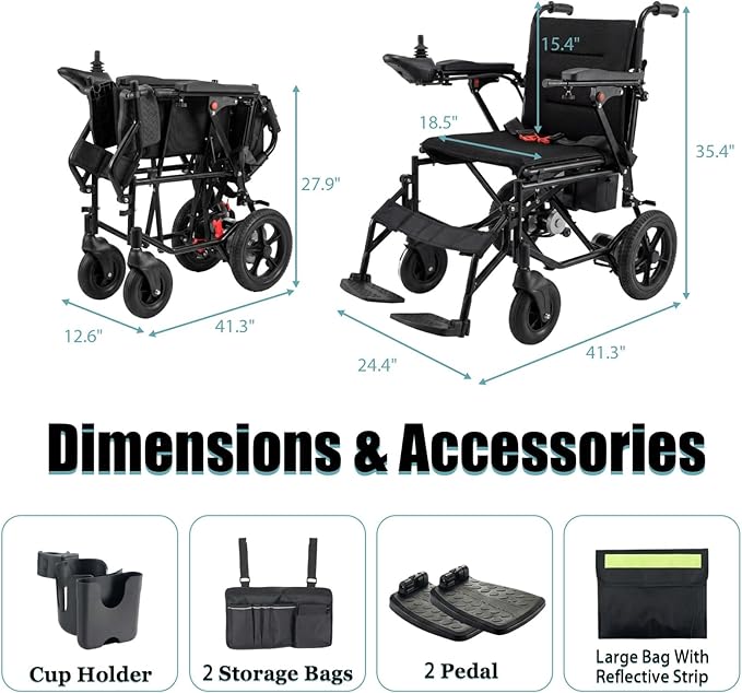 15 Miles Foldable Electric Wheelchair with 500W Brushless Motors, Motorized Wheelchair with 12AH Lithium Battery, 12" Rear Solid Tires, for Adults Seniors