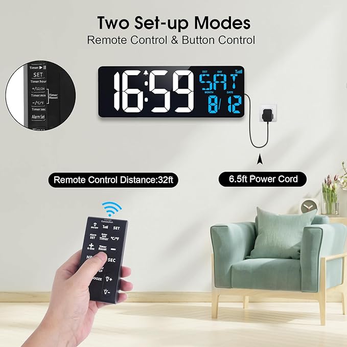 17 Inch Digital Wall Clock Large Display Bluetooth Sync Time, Auto-Dimming Digital Wall Clock with Remote, Date/Week/Temperature/DST, Plug-in Digital Clock for All Large Spaces Use, Gift