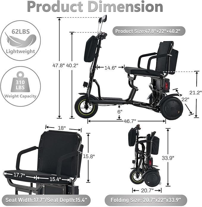 3-Wheel Folding Mobility Scooter Foldable Lightweight Electric Scooter for Adults & Seniors, Detachable Lithium Battery, Long Range 28 Miles, 3-Speed, with Rearview Mirror & Turn Signal (Black)
