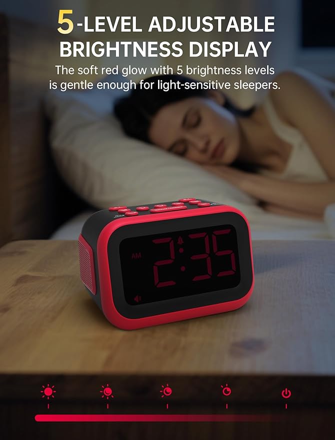 Acedeck Loud Alarm Clock for Heavy Sleepers: 115dB Dual Alarms with 6 Unique Sounds for Bedroom Dorm Room Use - On-Time Wake Up for Teen College Students - Red