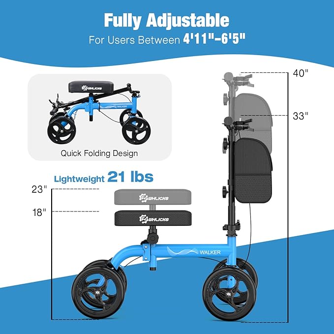 WHLICKS Premium Knee Scooter for Adults for Foot Surgery, Foldable & Steerable Knee Walker with Dual Brakes, Medical Knee Scooter for Broken Foot Injured, Lightweight Leg Scooter for Broken Ankle