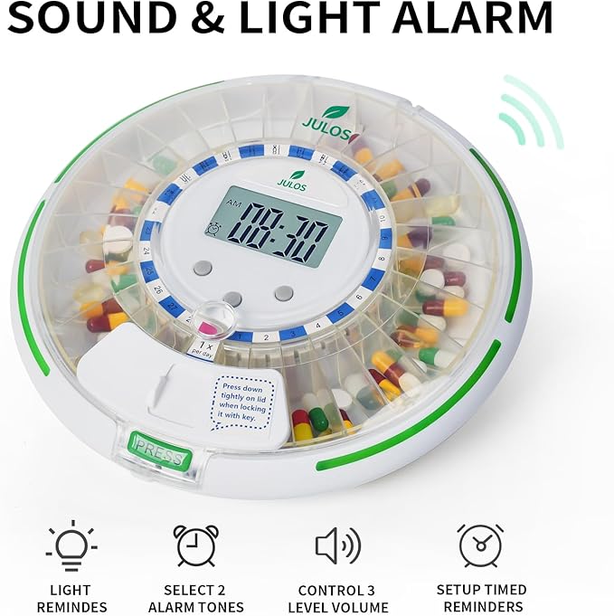28-Day Automatic Pill Dispenser for Elderly - Medication Reminder with Loud Alarm & Flashing Light, Key Lock, Up to 6 Alart/Day, Timed Pill Dispenser Machine for Vitamins/Prescriptions/More