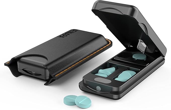 JEINAPA Pill Cutter with Auto Centering Device, Aluminum Pill Splitter with 316L Stainless Blade, Genuine Leather Case, Professional Pill Splitter for Cutting Small Pills or Large Pills (Black)