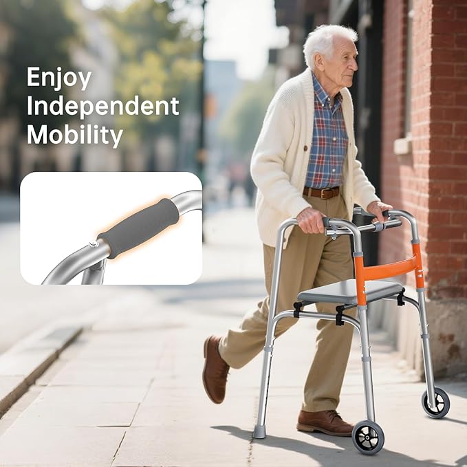 Nihhcune Lightweight Folding Walker for Adults/Seniors, Compact Rolling Mobility Aid with Wheels & Detachable Seat, Height Adjustable Aluminum Rollator Walker Space-Saver Travel Design No Installation