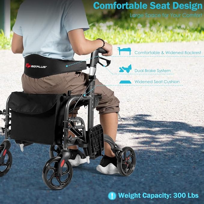 GOPLUS 2 in 1 Rollator Walkers for Seniors, Folding Rollator Walker with Seat, 8-inch Wheel Medical Drive Walker Wheelchair Combo with Backrest, Adjustable Handle for Adults, Aluminium Frame