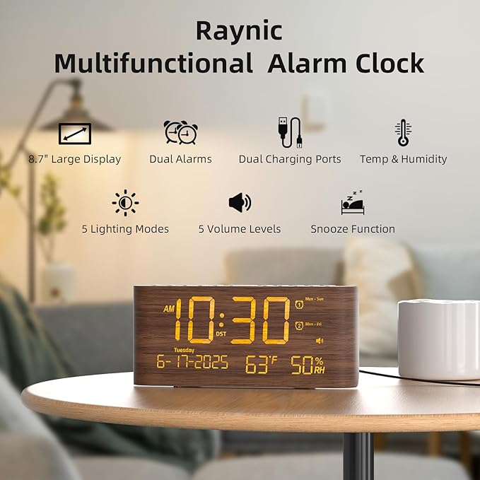 Raynic Digital Alarm Clock, Dual Alarms, 8.7" Large LED Display, USB & Type-C Charging Ports, Temperature & Humidity Display, 5-Level Dimmer & Volume for Bedroom & Home Office, Dark Wood Grain Finish
