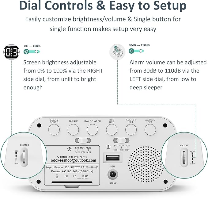 Odokee Digital Dual Alarm Clock for Bedroom, Easy to Set, 0-100% Dimmer, USB Charger, 5 Sound Adjustable Volume, Weekday/Weekend Mode, Snooze, 12/24Hr, Battery Backup, Compact Clock for Bedside(White)