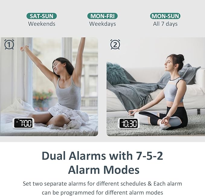 Odokee Digital Dual Alarm Clock for Bedroom, Easy to Set, 0-100% Dimmer, USB Charger, 5 Sound Adjustable Volume, Weekday/Weekend Mode, Snooze, 12/24Hr, Battery Backup, Compact Clock for Bedside(White)