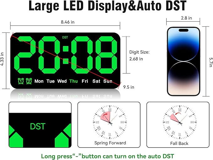 9.5 Inch Large Digital Wall Clock with LED Display, Auto DST, Dual Alarm with Snooze, Adjustable Brightness, Temperature & Date Display, Wall Mount or Desk Clock for Bedroom, Living Room, Office-Green