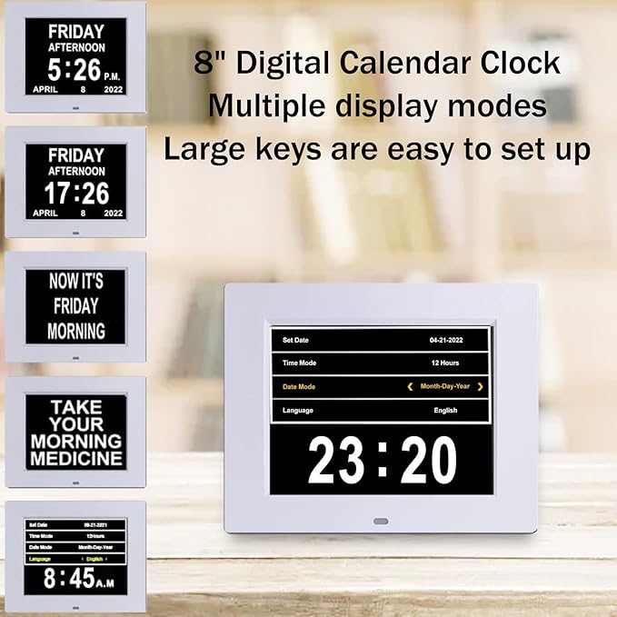 Johnziny 8 Inch Digital Clock Large Display Dementia Clocks with Day and Date for Seniors,8 Alarms Options Digital Clock,Digital Calendar with Large Number and Custom Alarms White