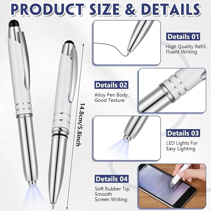 Zonon 15 Pieces 3 in 1 Ballpoint Pen with LED Flashlight and Stylus Tip Multi-Function Capacitive Pen, 1.0 mm Black Ink Metal Ballpoint for Touch Screens Nurse Teacher Gifts(White)