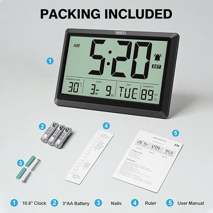 XREXS 10.4 Inch Digital Wall Clock, Battery Operated Large Display Clock, Digital Calendar with Indoor Temperature/Humidity/Date/Day, Auto DST for Classroom, Livingroom, Office(No Backlight)