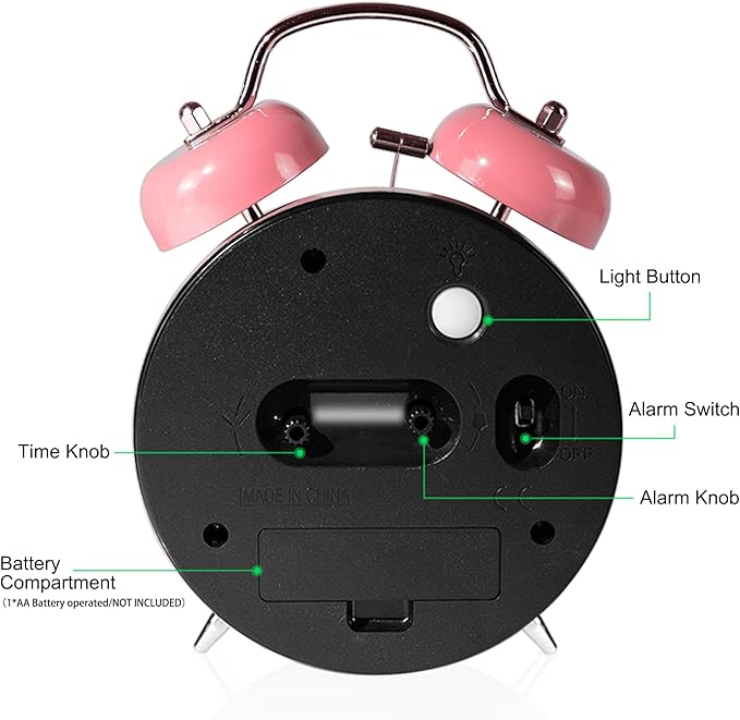 AYRELY® Super Loud Twin Bell Alarm Clock for Heavy Sleepers, 4-Inch Silent Non-Ticking Quartz with Backlight, Metal Cute Clock for Kids' Rooms (Pink)