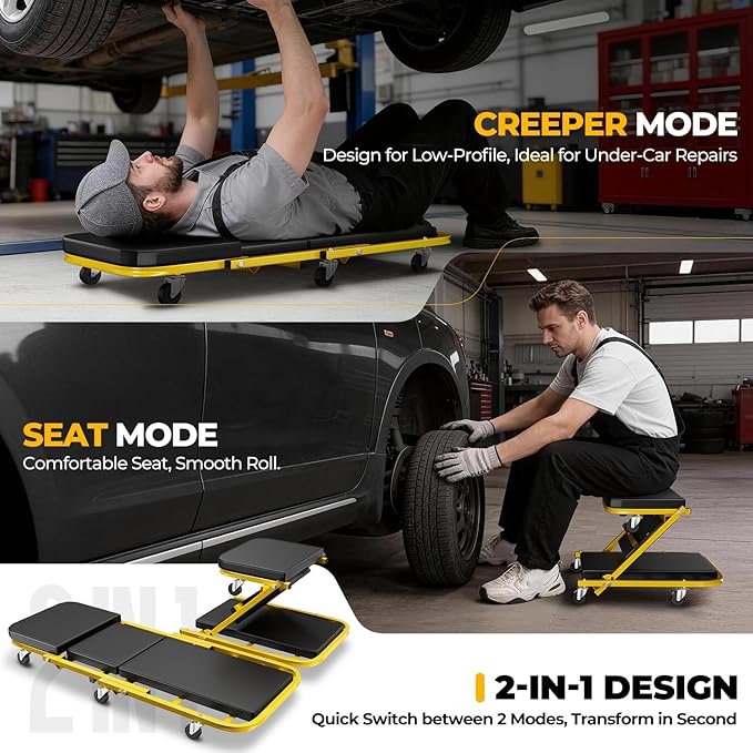 Auto Dynasty 40" Z-Creeper Seat, 2-in-1 Foldable Garage Creeper Shop Seat, 330 LBS Capacity Automotive Mechanic Repair Under Car Rolling Creeper Seat, Yellow