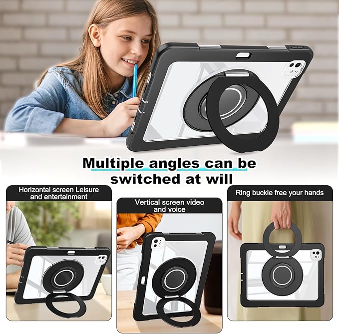 Dteck for iPad Pro 11 inch (M4/M5) 2024/2025 Release Shockproof Clear Case with Stylus Pencil Holder/Rotating Kickstand/Swivel Handle, Lightweight Protective Slim Transparent Tablet Cover Shell, Black