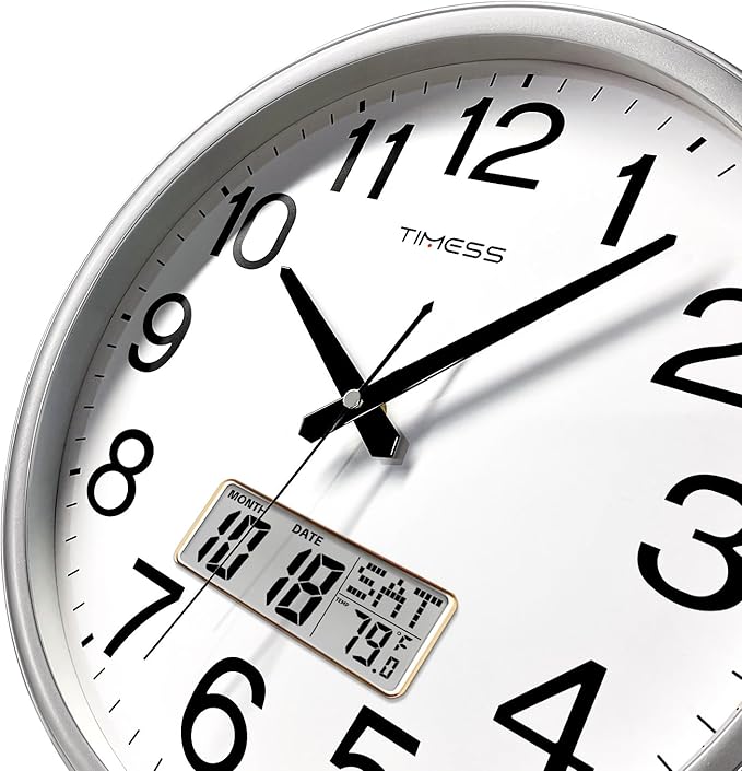 TIMESS Wall Clock, 11 Inch Non-Ticking Silent Battery Operated Quartz Analog with LCD Display for Perpetual Calendar and F° Temperature, Ideal Modern Home, Bedroom, Kitchen, Office Décor (Sliver)