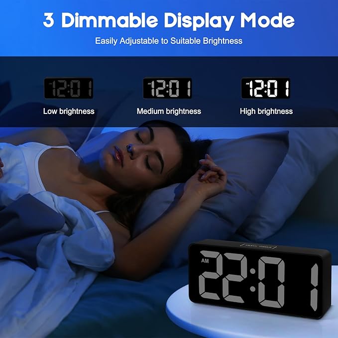 Small Digital Alarm Clock for Bederoom, Large Big Numbers Display with Brightness Dimmer,Dual Alarm, Snooze,12/24Hr,Adjustable Volume Loud Bedside Alarm Clock for Kids Teens Boys Girls (Black)