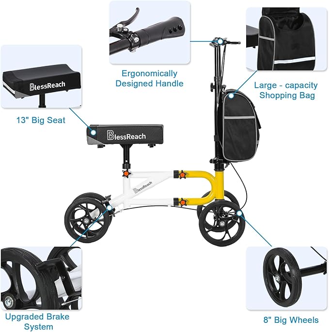BlessReach Economy Knee Scooter Steerable Knee Walker for Foot Injuries Compact Crutch Alternative with Dual Braking System (Yellow)