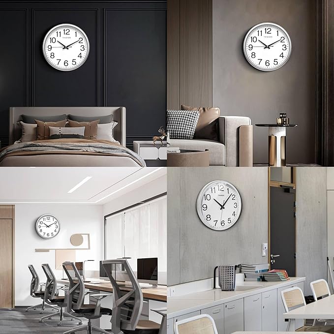 TIMESS Wall Clock, 13 Inch Large Dial Non-Ticking Silent Battery Operated Quality Analog, Ultra-Quiet Movement Quartz, Timeless Stylish Clock, Ideal Modern Home, Office Décor (Sliver)