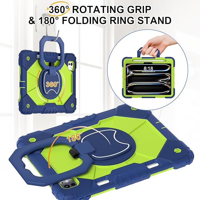 Dteck for iPad Pro 11 inch (M4/M5) 2024/2025 Release Shockproof Case with Shoulder Strap/Pencil Holder/Rotating Kickstand Handle, Heavy-Duty Sturdy Rugged Cover, Protective Tablet Shell, Blue Green