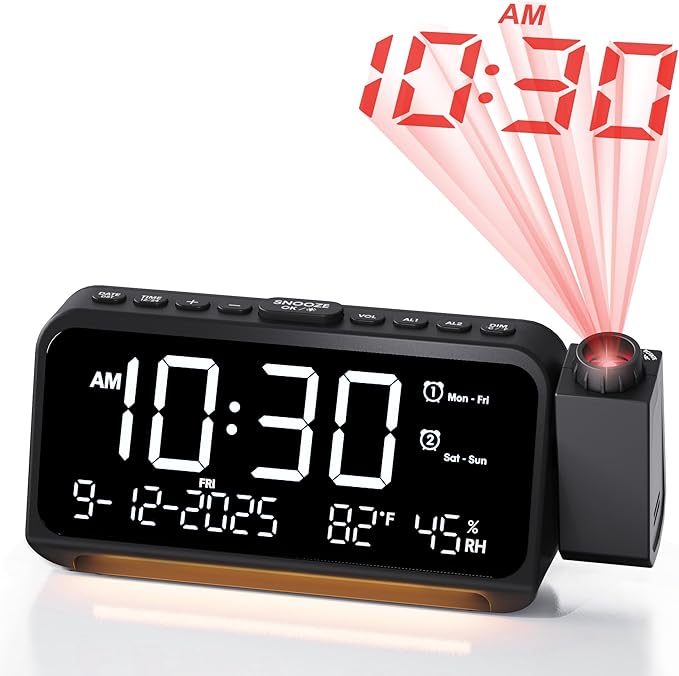 Roxicosly Projection Alarm Clock for Bedroom Ceiling, 118 dB Super Loud for Heavy Sleepers, Plug in Dual Alarm with Weekday/Weekend, 6.7" Large Digital Dimmable Display, Easy to Read