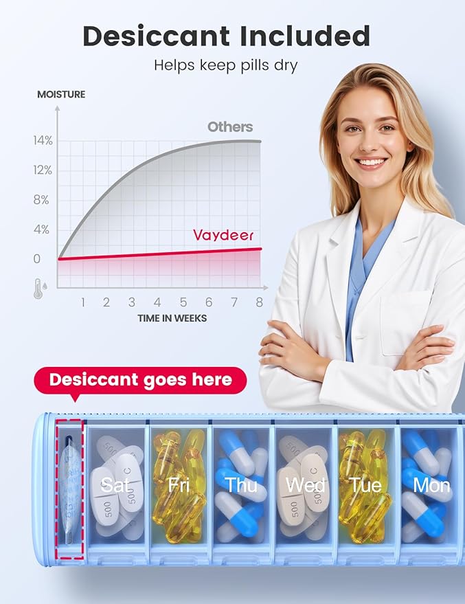Vaydeer Metal Travel Pill Organizer – Compact Weekly Pill Box for Daily Medication – Portable Small Pill Case for Vitamins, Pills & Supplements (Silver)