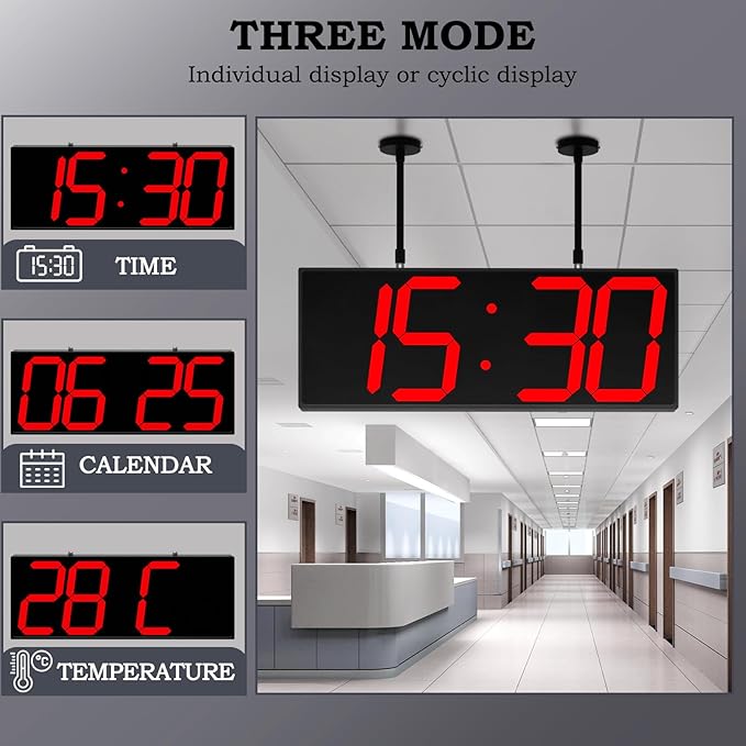 CHKOSDA 19.5'' Large Digital Wall Clock with Double Sided Display,Multi-Functional LED Hanging Digital Clock with Adjustable Brightness,Suitable for Offices, Warehouses, Corridors (Red)