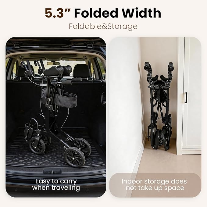 Upright Walkers for Seniors 450 lbs Capacity, 22 lbs Foldable Lightweight Walkers for Seniors with Seat, Armrest and Pedal, Height Adjustable Rollator Walker with Seat for Travel & Gift (Black)