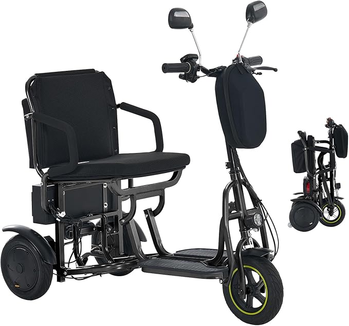 3-Wheel Folding Mobility Scooter Foldable Lightweight Electric Scooter for Adults & Seniors, Detachable Lithium Battery, Long Range 28 Miles, 3-Speed, with Rearview Mirror & Turn Signal (Black)