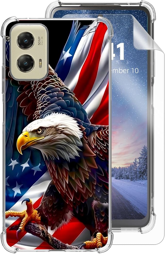 for Motorola G Stylus 5G 2024 Clear Phone Case, Lightweight Transparent TPU, Shockproof Four Corner Anti-Fall Case 6.7" American Flag Eagle for Moto G Stylus 5G 2024, Screen Protector Film