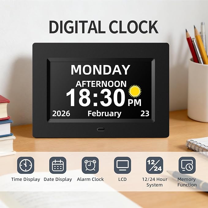 7 Inch Digital Calendar Clock for Seniors, Extra Large Display with Non-Abbreviated Day & Month, Auto-Dimming & Medication Reminders for Vision Impaired (Black)