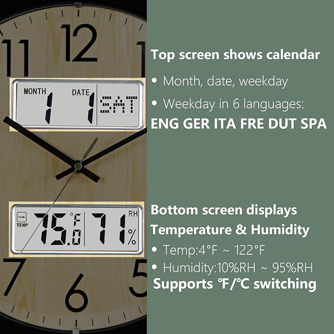Nbdeal 13-Inch Analog Silent Wall Clock with Calendar Temperature & Humidity (Natural)