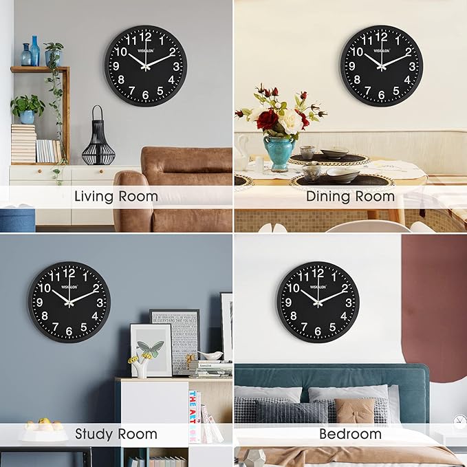 WISKALON 10 inch Wall Clock,Silent Non-Ticking Elegant Black Frame Wall Clock,Classic Digital Wall Clock with Glass,Battery Operated Round Wall Clock,Easy to Read Home/Office/School Black Wall Clock
