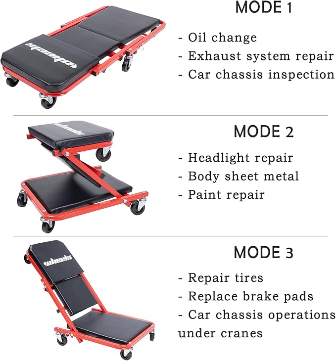Mechanic Creeper 36-inch 3-in-1 Mode Z Seat 340lbs Capacity, Foldable Garage Adjustable Rolling Folding with 6pcs Wheels Roller, Lay Down Sit Lean Back, Under Car Auto Repair (Red Frame)