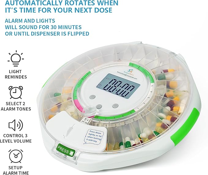 Automatic Pill Dispenser with Lock for Caregivers | 28-Day Medication Organizer for Seniors | 6 Daily Alarms & Flashing Light Reminder - No App or WiFi Needed