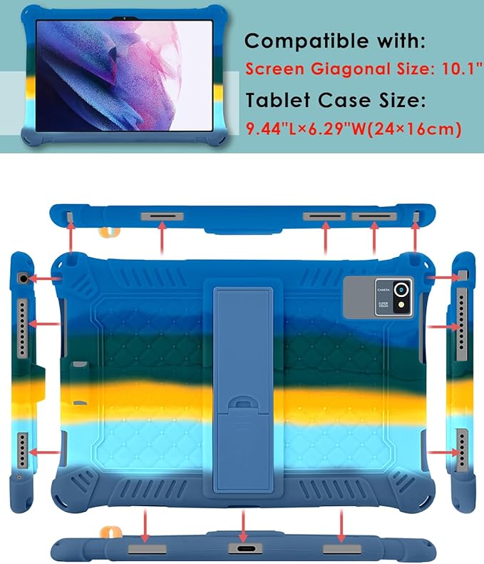 DETUOSI Silicone Case for Okaysea 10.1 inch Tablet with Stylus Pen & Shoulder Strap, Multi-Angle Stand Case, Soft Lightweight Cover for QunyiCO 10.1, Moderness MB1001 10.1, Dazzling Dark Blue
