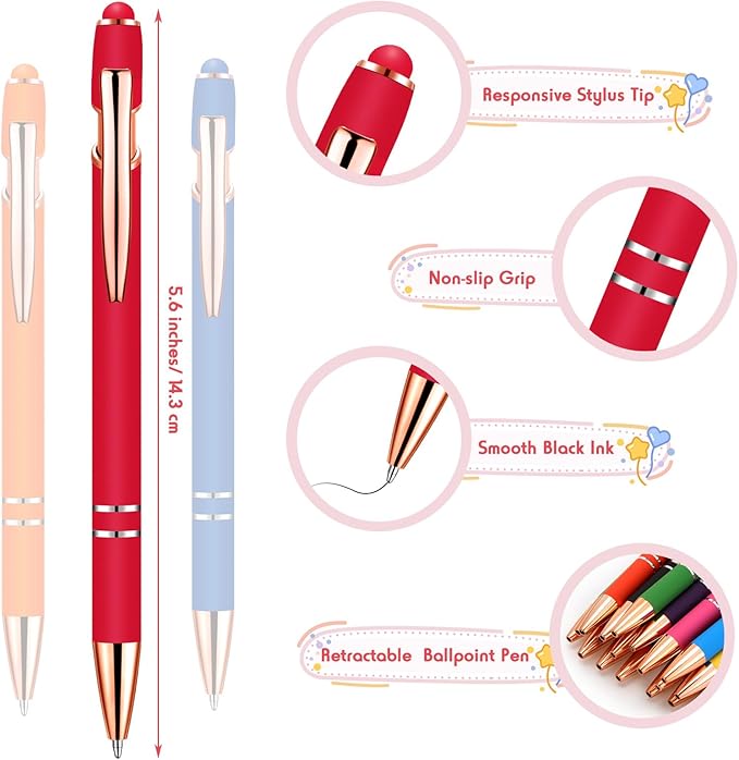 Yeaqee 100 Pieces Ballpoint Pen with Stylus Tip Click, 2 in 1 Black Ink, 1.0 mm Medium Point Stylus Metal Pen for Touch Screen Tablet (Bright Colors)