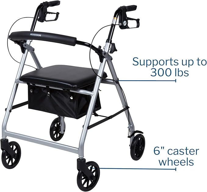 McKesson Rollator Walker with Seat and Wheels, Lightweight, Aluminum, 300 lbs Weight Capacity, Silver, 1 Count