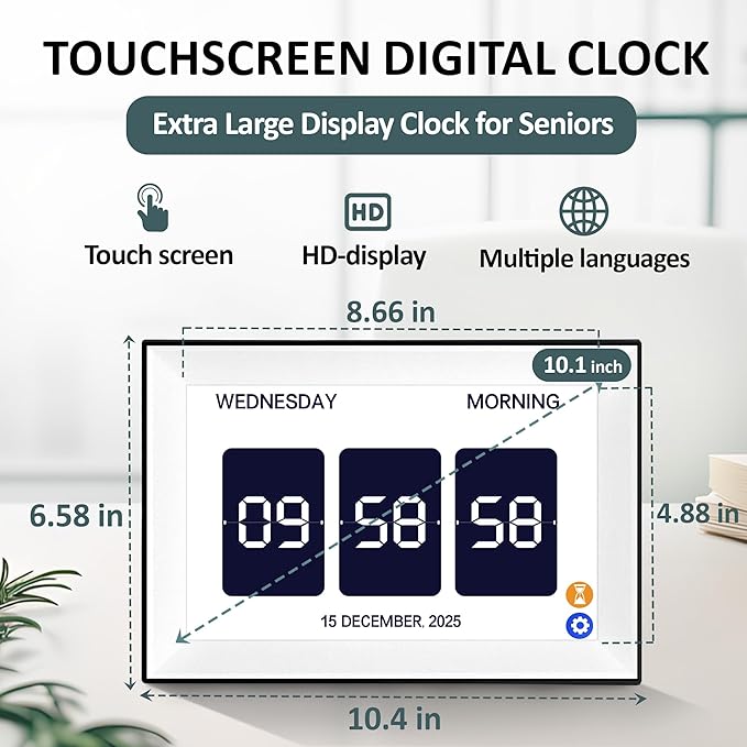 10.1" Touchscreen Digital Clock Large Display, Dementia Clocks for Seniors Custom 64 Reminders and Alarms, Auto DST, Auto-Dimming, Digital Alarm Clock with Day and Date for Elderly(White)